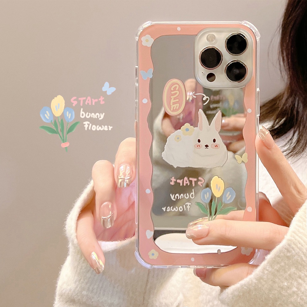 IPHONE Lukisan Cat Minyak Kelinci Merah Muda Hewan Lucu Ponsel Mirror Case Cover Untuk Iphone7 8 PLUS X XR XS 11 12 13 14 MINI PRO MAX SE 2020 Soft Cover