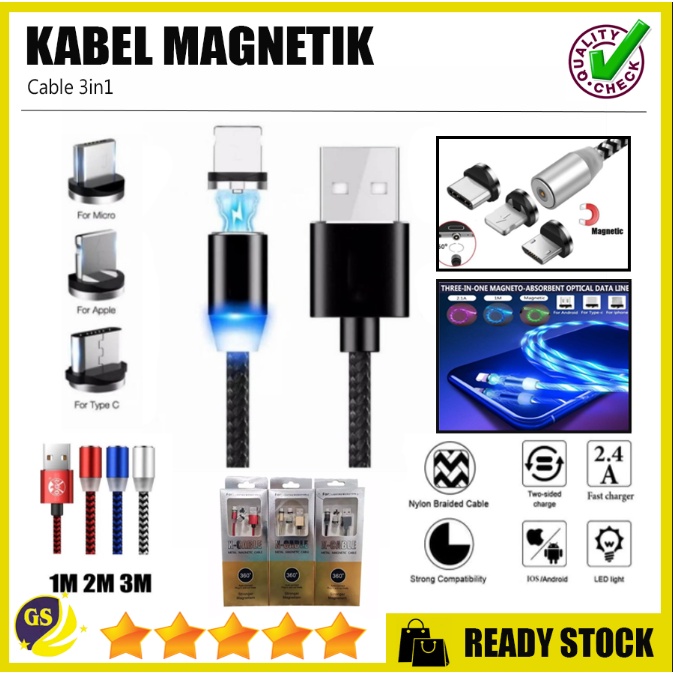 KABEL DATA USB MAGNET 3 IN 1 MICRO USB LIGHTNING IPHONE MAGNETIC TYPE C MAGNETIK