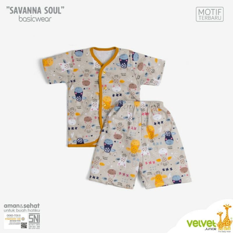 Velvet Junior Stelan Baju Pendek &amp; Celana Pendek Kancing Tengah Savanna Soul Series - Isi 3 Pcs