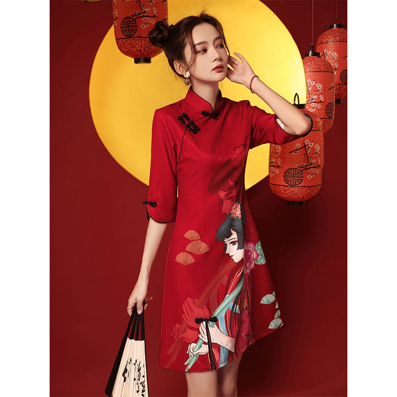 Guochao cheongsam 2022 new summer red young student improved small short dress women