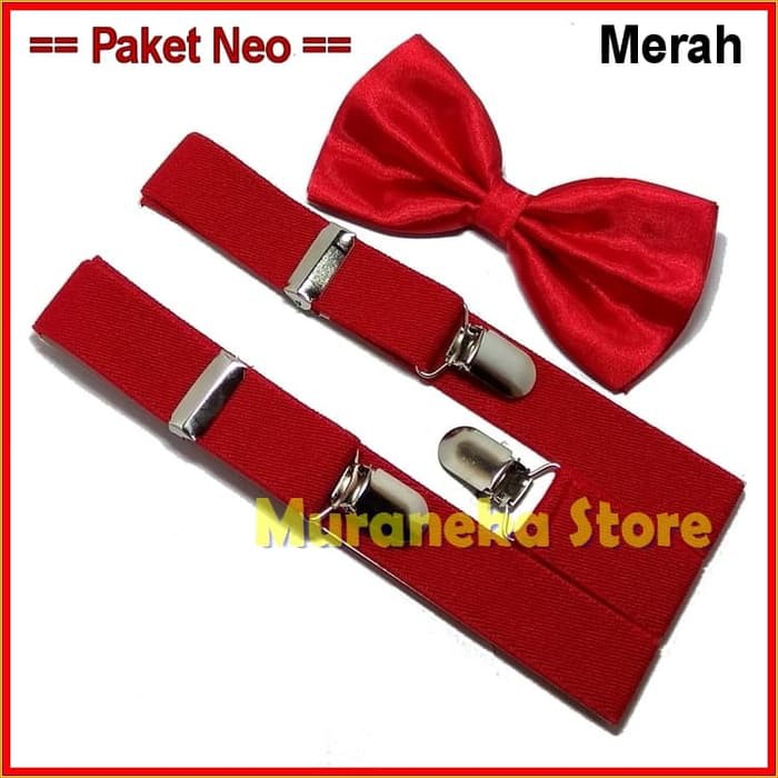 Paket NEO Dasi Bretel Suspender MERAH Baju Dewasa Kupu Setelan Bowtie Bridesmaid Pernikahan Wedding