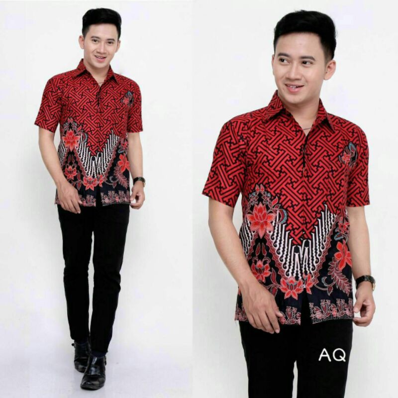 BATIK COUPLE KELUARGA sania ruffle ori ndoro jowi dnt motif pagar bunga merah-Kemeja Pendek