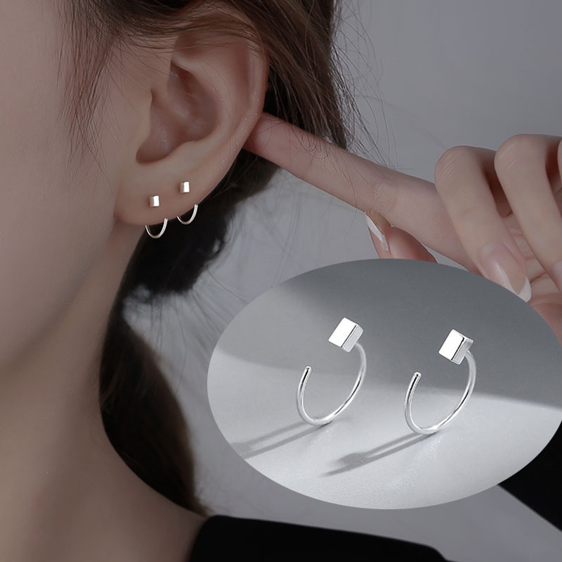 Anting Stud Kait Mini Bentuk Persegi Geometris Warna Silver Untuk Aksesoris Perhiasan