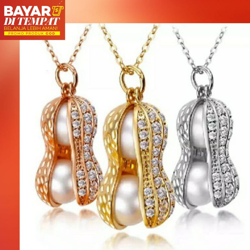 Kalung Wanita TITANIUM Motif Kacang Permata Zircon Putih Anti Karat