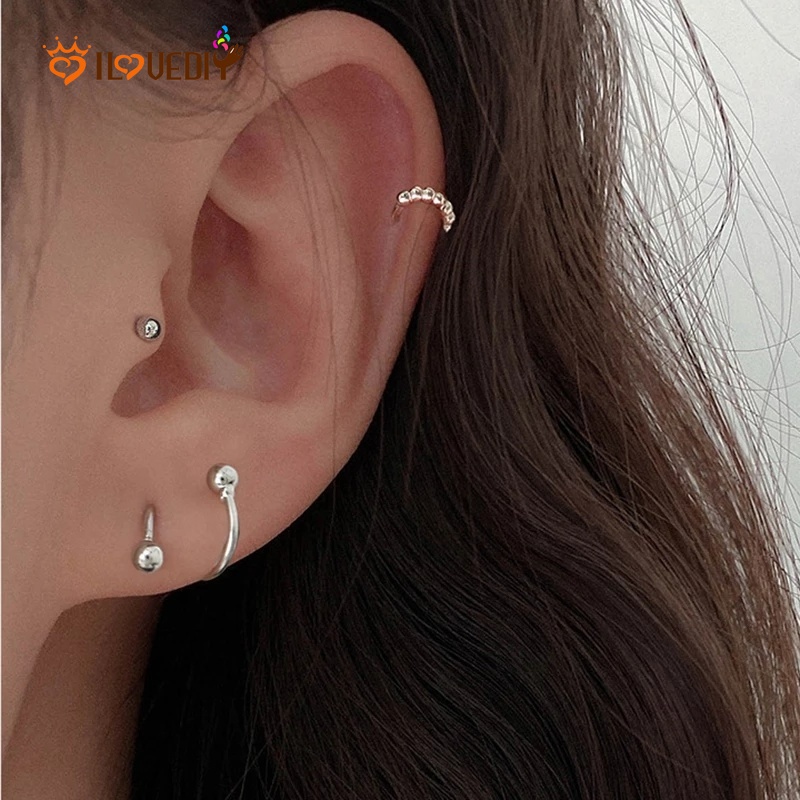 Anting Stud Bentuk Spiral Bola Bintang Hati Kecil Bahan Stainless Steel Gaya Minimalis Untuk Wanita