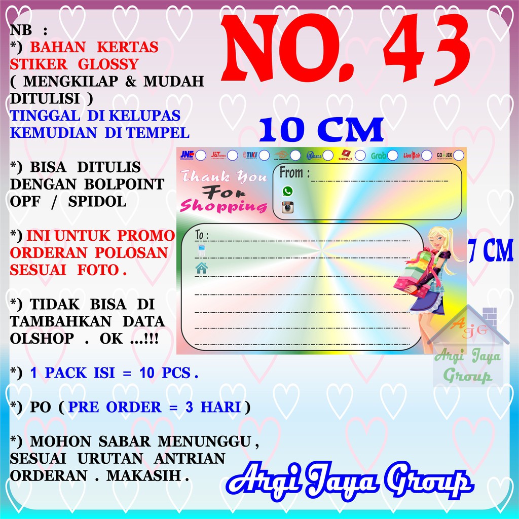 

Promo!Stiker Label Pengiriman Polosan No = 43 (10x7cm) 1 Pack = 10 Pcs