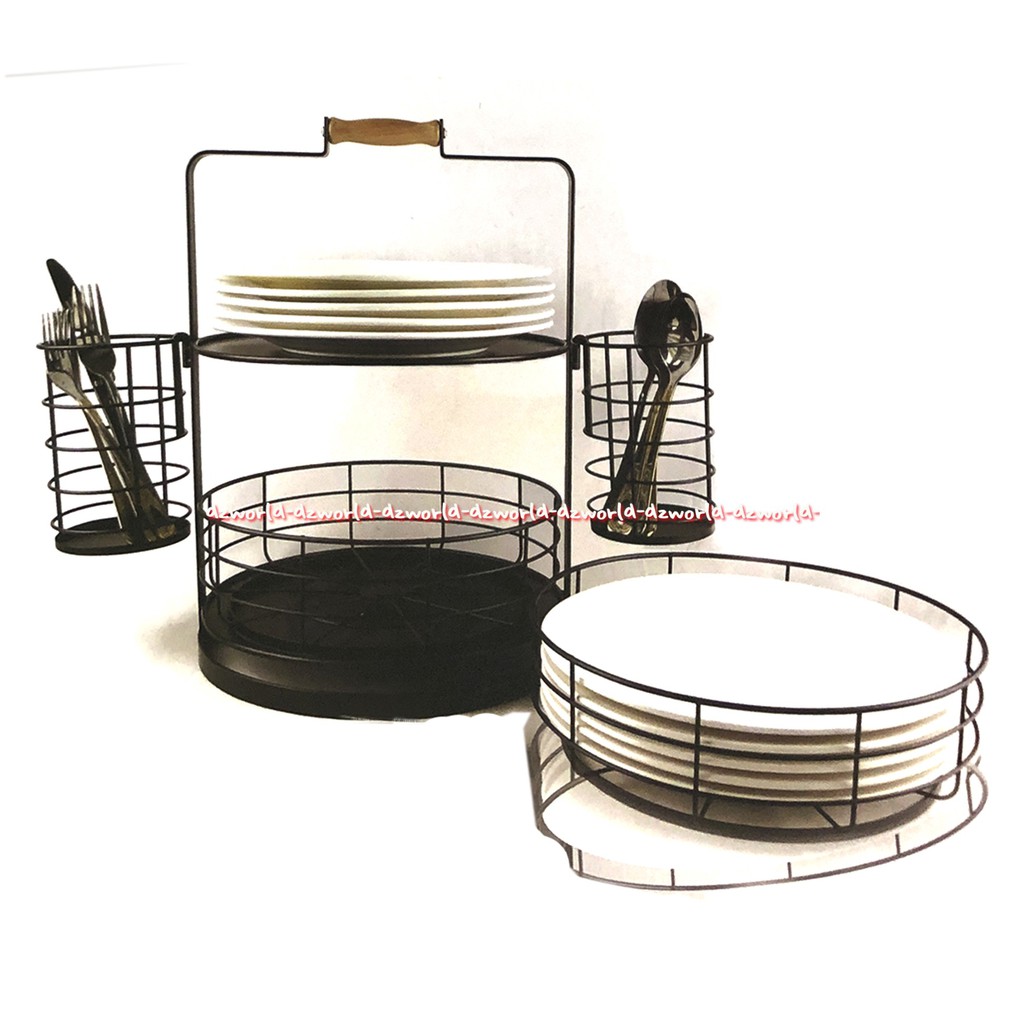 Krischef Dish Holder Round Double Tray Black Tempat Rak Piring Portable Mudah Dibawa Dipindahkan