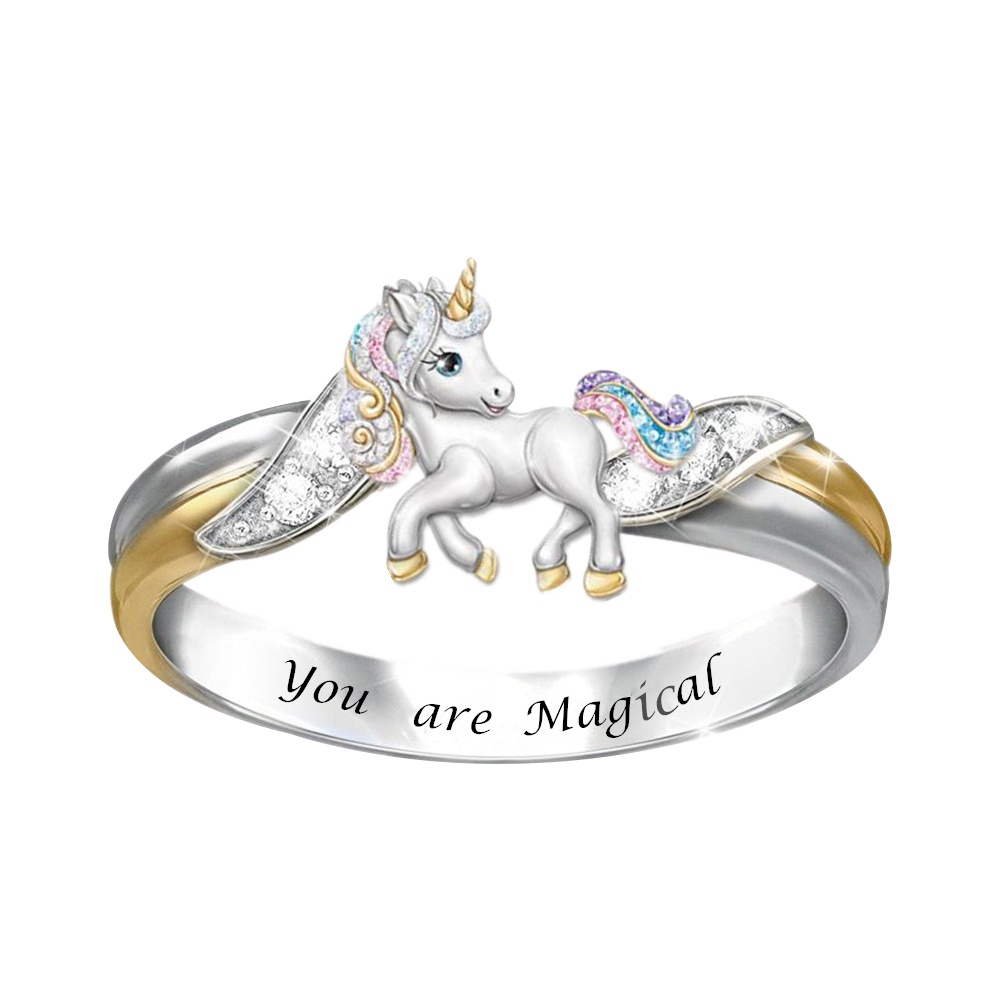 Hu Hu Hu Hu Hu Alat Bantu Pasang Kacamata♡ Cincin Wanita Bahan Alloy Desain Ukiran Tulisan Unicorn Hias Berlian Imitasi Untuk Hadiah