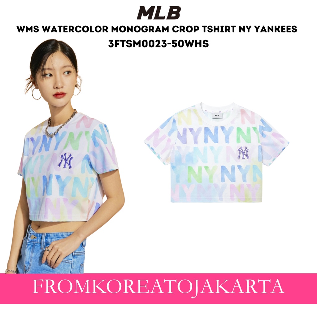 Kaos MLB NY FLOCKED MONOGRAM BLACK CROP 100% ORIGINAL - HYPESNEAKER.ID