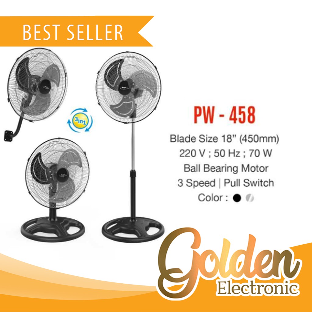 Maspion PW-458 3in1 Wall Fan Desk Fan Stand Fan Besi Maspion 18 inch PW458