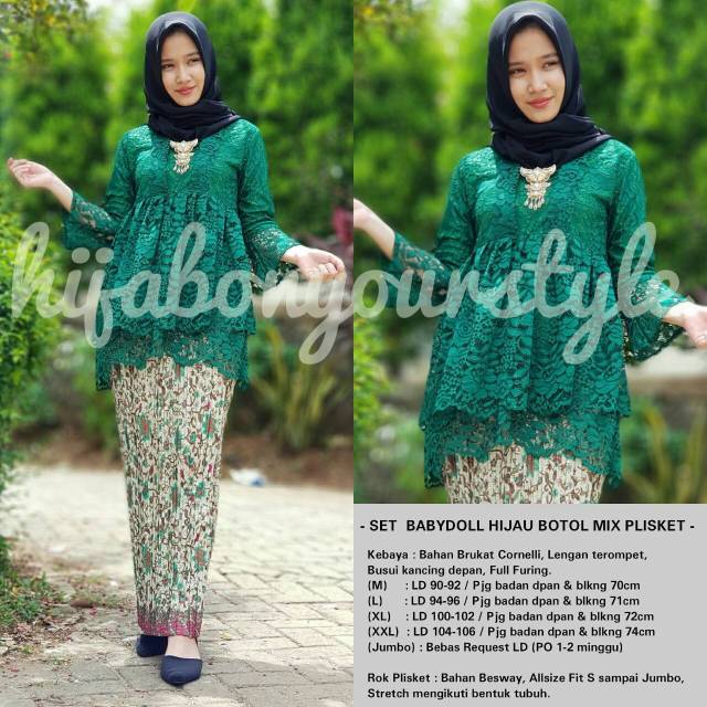 SET KEBAYA BABYDOLL HIJAU BOTOL MIX ROK PLISKET