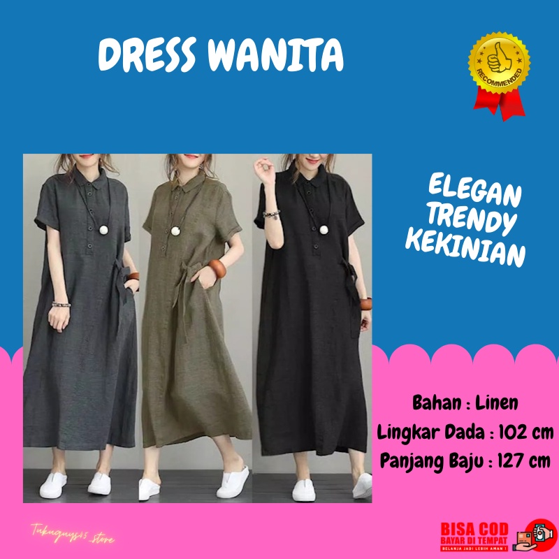 Dress Maxi Pakaian Baju Korean Korea Style Fashion Wanita Terbaru Rana Dres Remaja Premium Bahan Lin