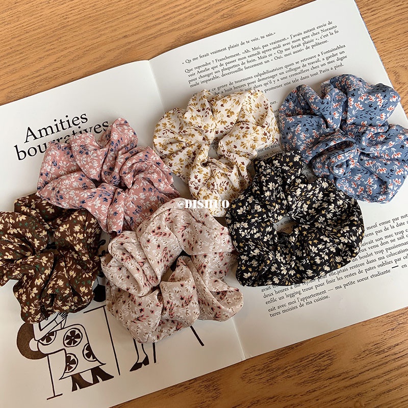 SCRUNCHIE SUMMER KAIN MOTIF BUNGA RETRO SCRUNCHIES WARNA POLOS COTTON BIG BESAR IKAT KARET RAMBUT AKSESORIS ELEGAN KOREA HAIR TIES FLOWER PATTERN RIBBON ACCESSORIES