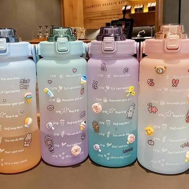 Limited - Botol Minum 2 Liter Botol Minum Viral Botol 2000ml Pelangi Botol Minum Motivasi FREE STICK