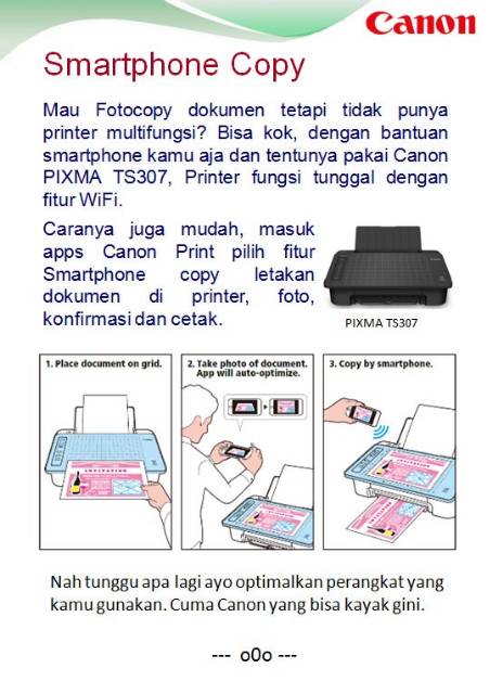 Printer murah Wireless / Wifi Canon Pixma TS307 Print Only - wifi direct smartphone copy RESMI CANON