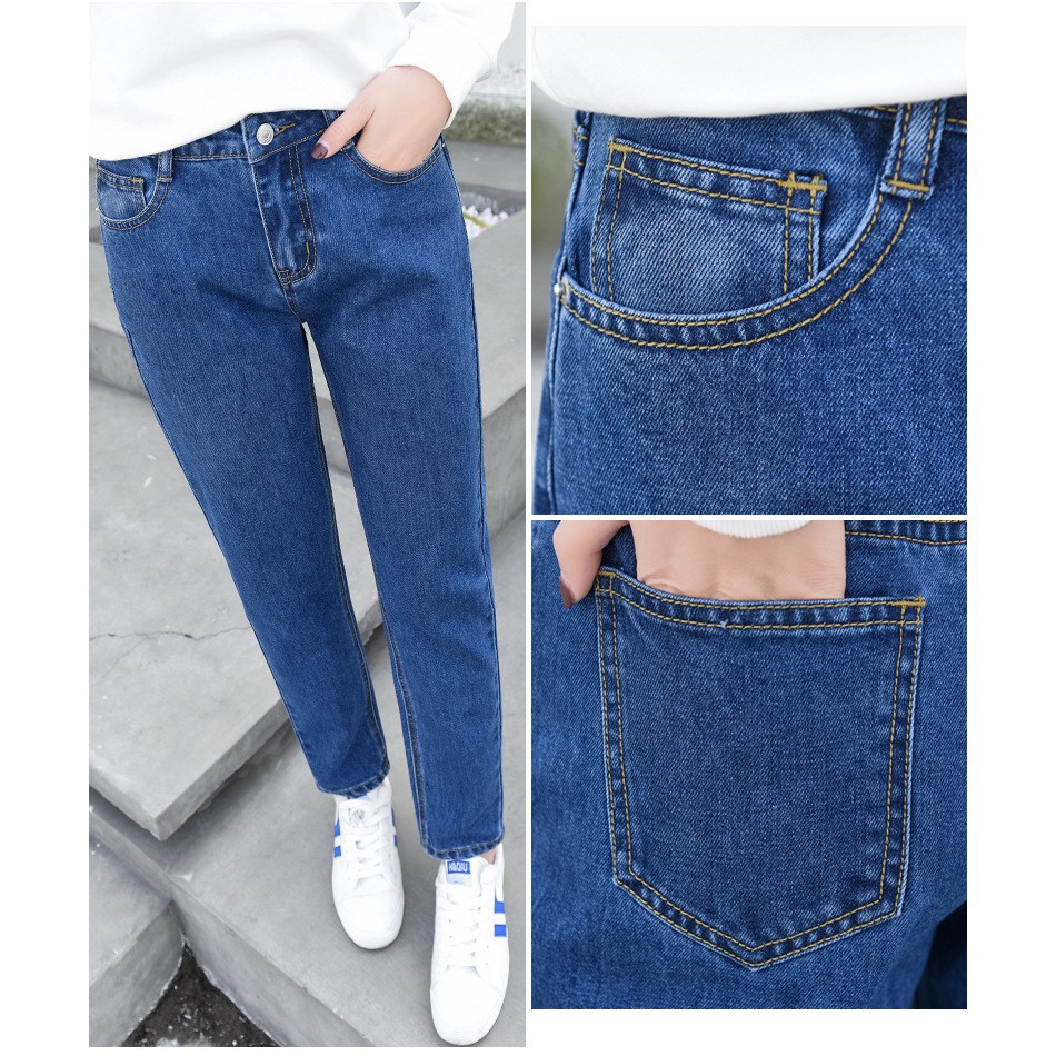 Ets_group Boyfriend Jeans Loose Tebal Celana Basic Wanita Biru Muda