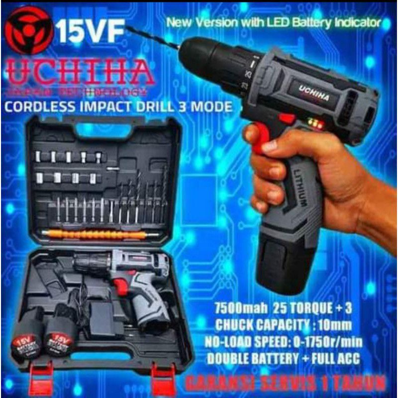 promo mesin bor baterai cordless 15vf tembok besi kayu uchiha japan Full set koper Full Bonus Terlar