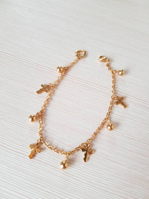 SET Gelang Tangan Gelang Kaki Salib Titanium Gold Impor Antikarat Gelang Jurai Salib Titanium Gold