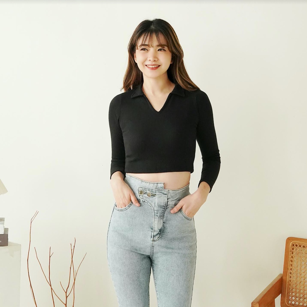 Korean Longsleeve Crop Top Baju Lengan Panjang V-Neck Croptop Lengan Panjang Wanita 133