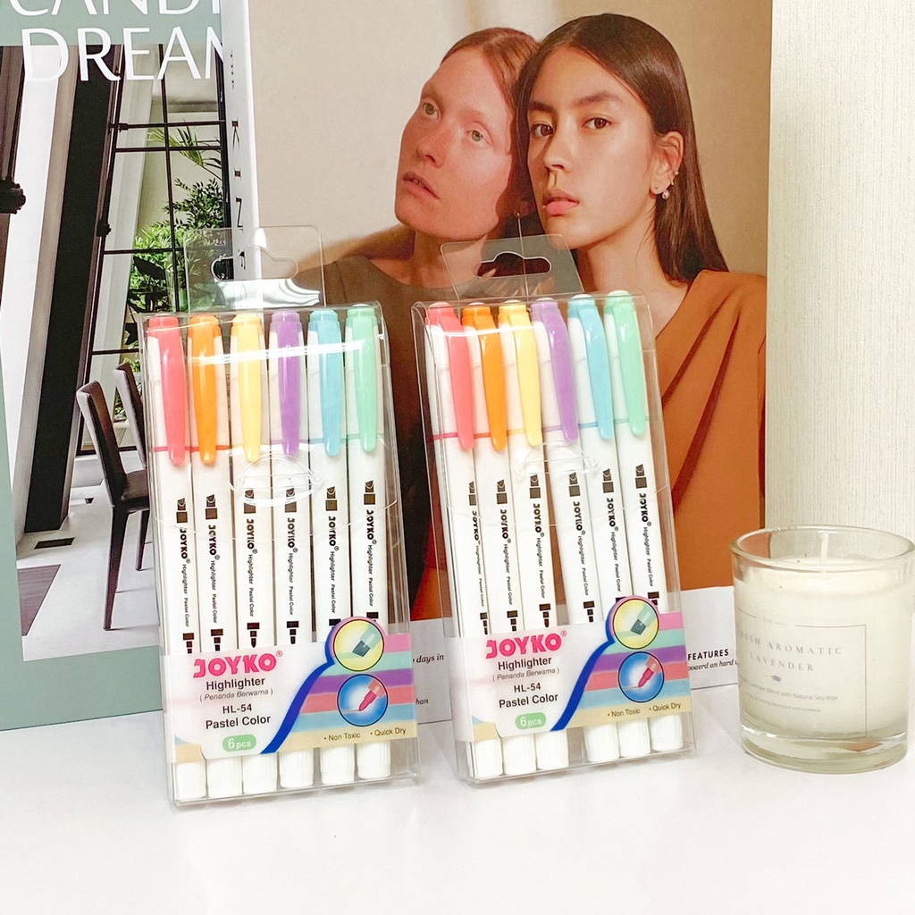 

Joyko Highlighter Pastel HL54 / Set 6 pcs 2 in 1 Colored Highlighter Penanda Berwarna / Setabilo / Spidol Marker JOYKO Original HL-54 Pastel Color Non Toxic Quick Dry