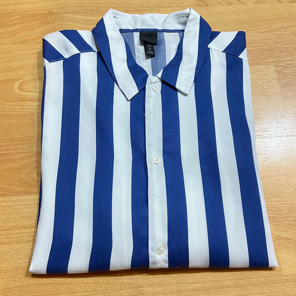 H&amp;M Kemeja Pria Lyocell Formal Kasual Garis Biru Striped Shirt Original