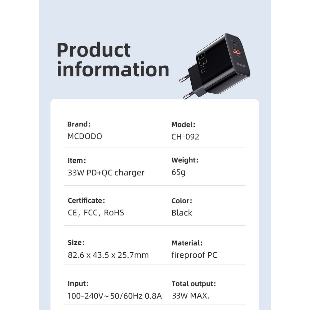 MCDODO CH-0921 Adapter 33W USB + Type C Fast Charger - Support VOOC - Garansi Resmi 6 Bulan