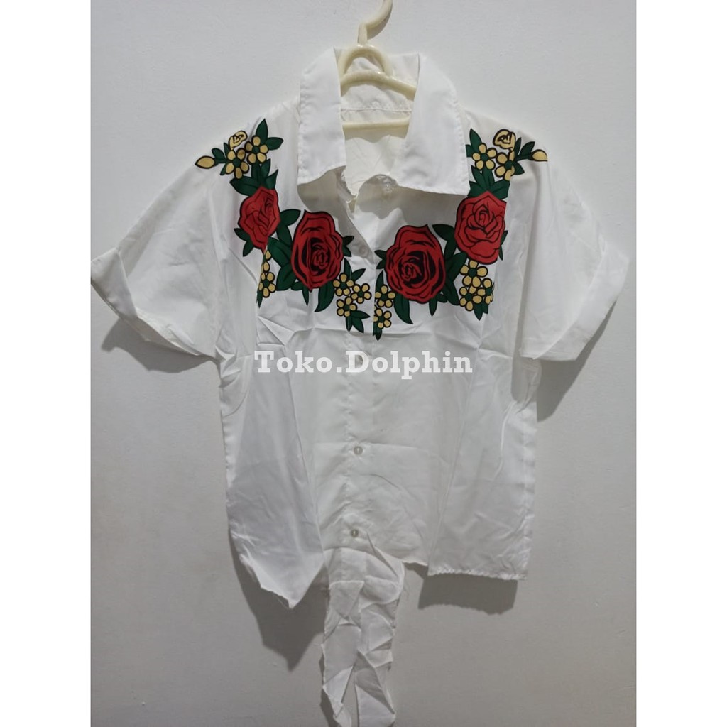[ATASAN CASUAL] Hem Putih Wanita Model Tali Pinggang Warna Putih Motif Bunga