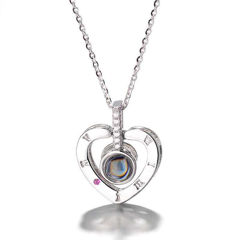 [Ready Stock]Fashion 925 Silver Plated Roman Numeral Heart-Shaped Diamond Pendant Necklace