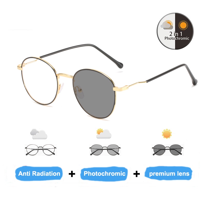 Photochromic Anti Radiation Eyeglasses For Women Men Round Metal Frame Computer Eeyglasses  UV400