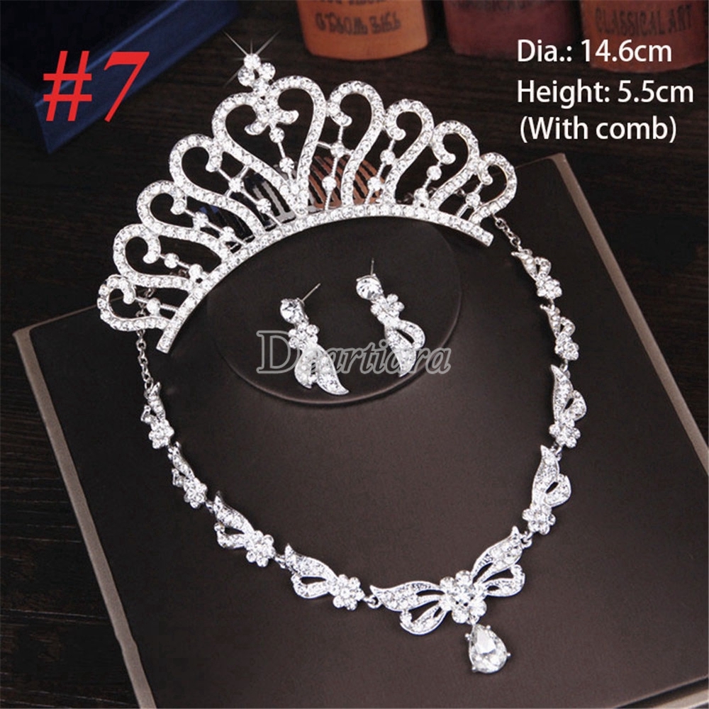 Mahkota Pernikahan Tiara Anting Kalung Set, Perhiasan Pernikahan, Tiga Potong