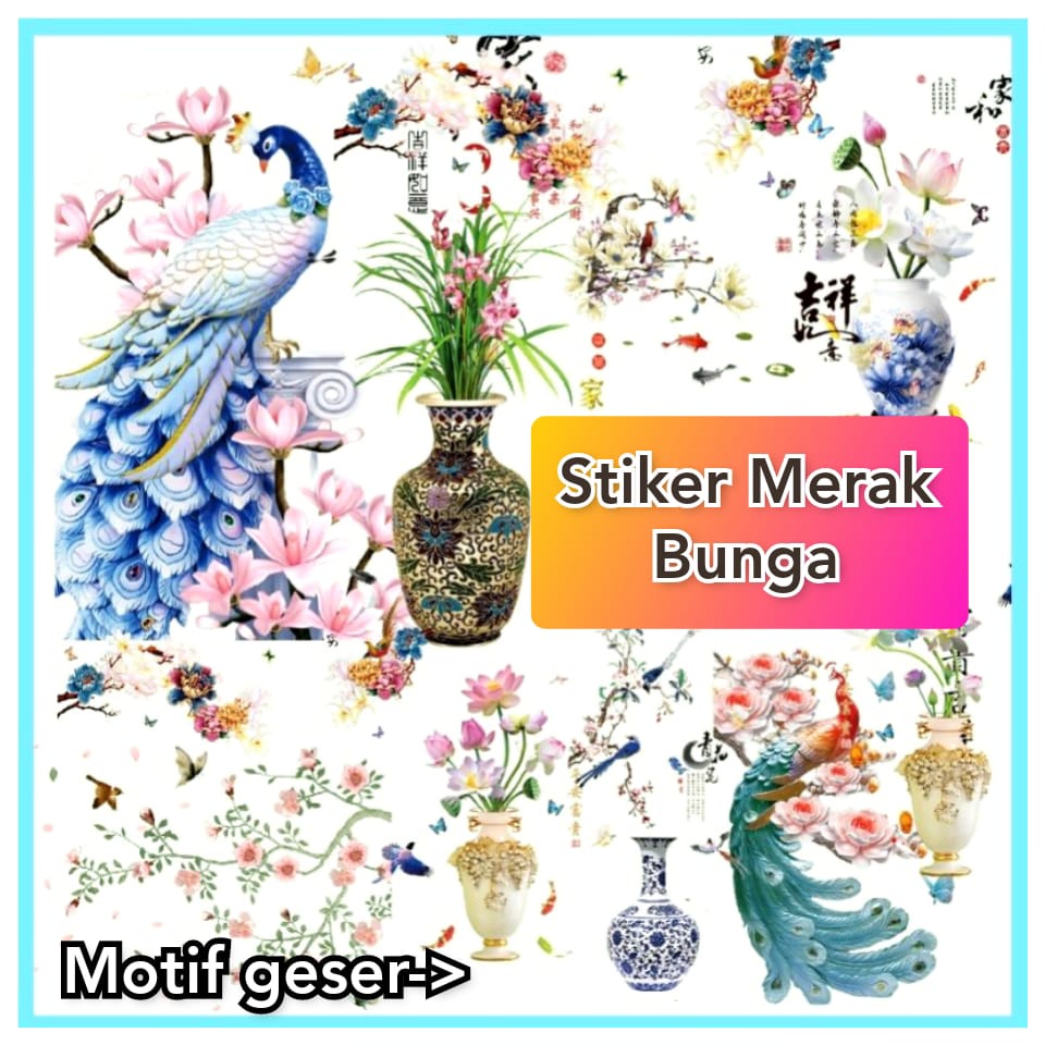 WALL STICKER STIKER SETIKER SETICKER WALLSTICKER WALLSTIKER DINDING TEMPELAN POT BUNGA SAKURA PINK PEONY RUMPUT TERATAI MERAK DEKORASI TEMBOK DECOR DEKOR RUMAH RUANG TAMU MAKAN KELUARGA WALSTICKER WALSTIKER CHINESE NEW YEAR WALLPAPER WALPAPER IMLEK