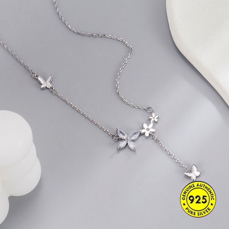 Kalung Rantai Sterling Silver 925 Dengan Liontin Bunga + Kupu-Kupu Untuk Wanita / Musim Panas Butterfly