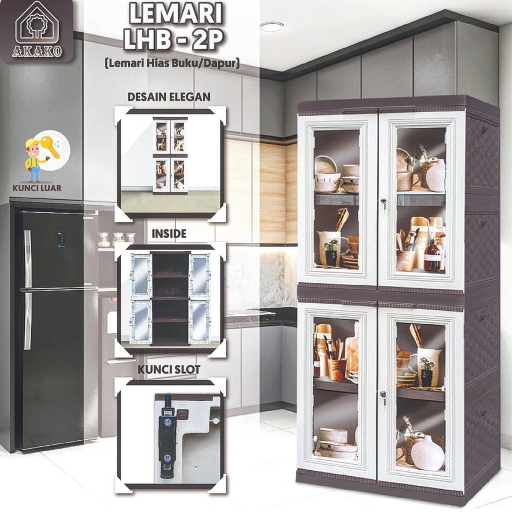 JUMBO LEMARI PLASTIK AKAKO ELEGANT PINTU KACA LHB LEMARI HIAS LEMARI BUKU LEMARI DAPUR KITCHEN SET KACA FULL KUNCI 2LEMARI 2 PINTU LEMARI 4 SUSUN