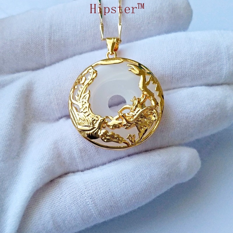 Ethnic Style Characteristic Temperament Entry Lux Natural White Jade Pendant Gold Necklace