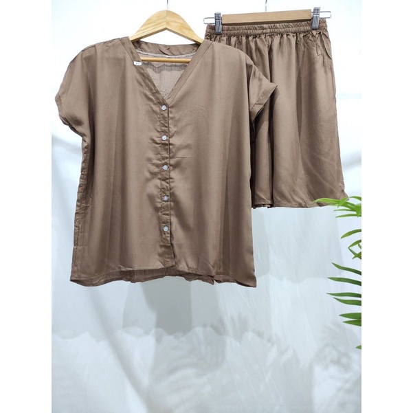 PIYAMA KANCING PENDEK | PIYAMA RAYON | BAJU TIDUR RAYON-VN COKLAT