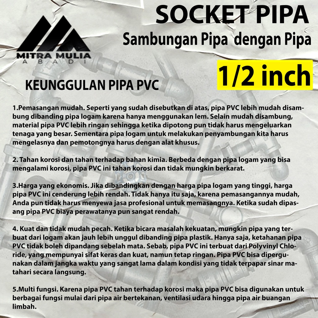 Socket Polos PVC 1/2&quot; AW / Sok Sambungan Lurus Tanpa Drat