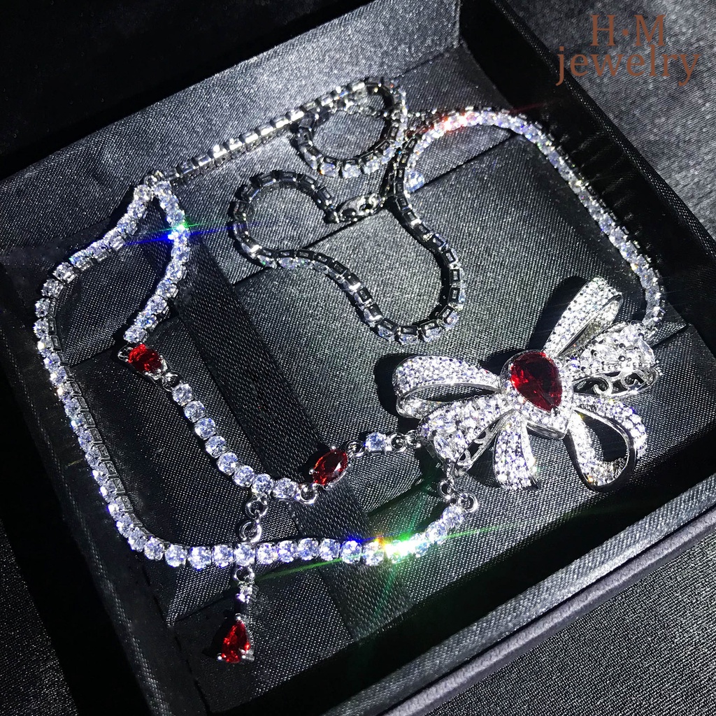 Kalung Rantai Silver S925 Wanita Liontin Pita Kupukupu Hias Berlian Merah Butterfly