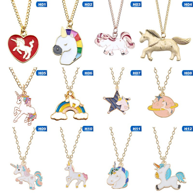 Kalung Rantai dengan Liontin Enamel Kuda Unicorn Variasi untuk Anak Perempuan