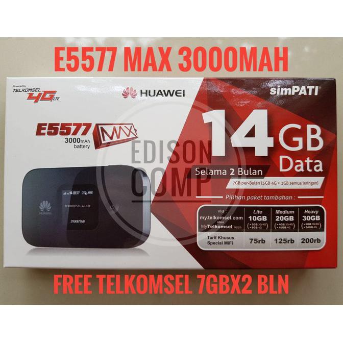 Jual Mifi Modem Wifi Router 4G Huawei E5577 Free Telkomsel 14Gb 2bln MAX