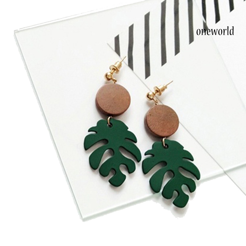 OW@ Bohemian Wooden Monstera Leaf Dangle Women Stud Earrings/Ear Clips Jewelry Gift