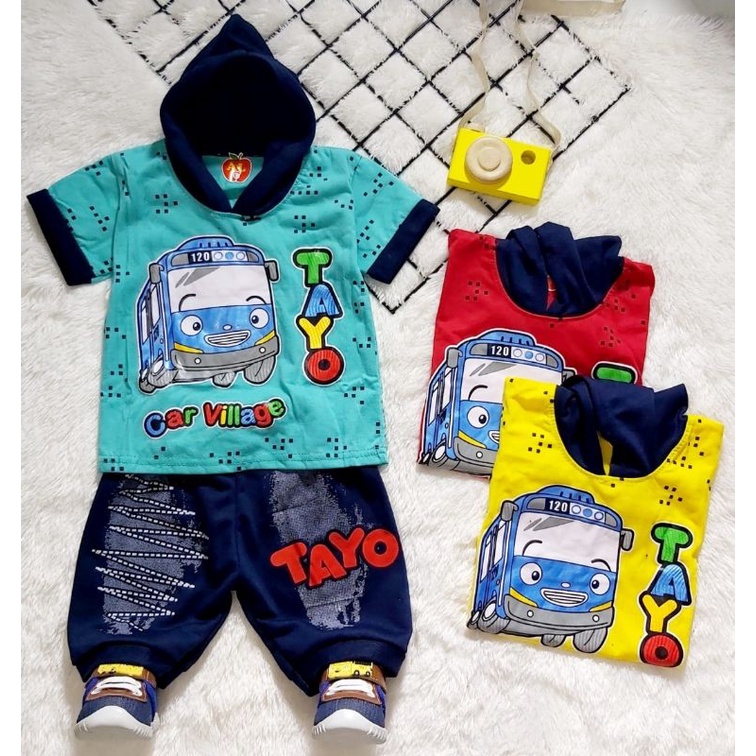 SETELAN  BAJU BAYI LAKI LAKI  KUPLUK KATUN KUALITAS IMPORT COD MOBIL TAYO BUS
