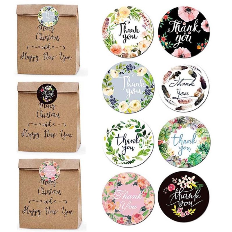 500pcs/Roll  Floral Thank You Stickers/ 8 Types of Floral Packaging Seal Round Labels/ New Year Christmas Birthday Party Gift Sealing Label/ Envelope Thank You Stationery Stickers