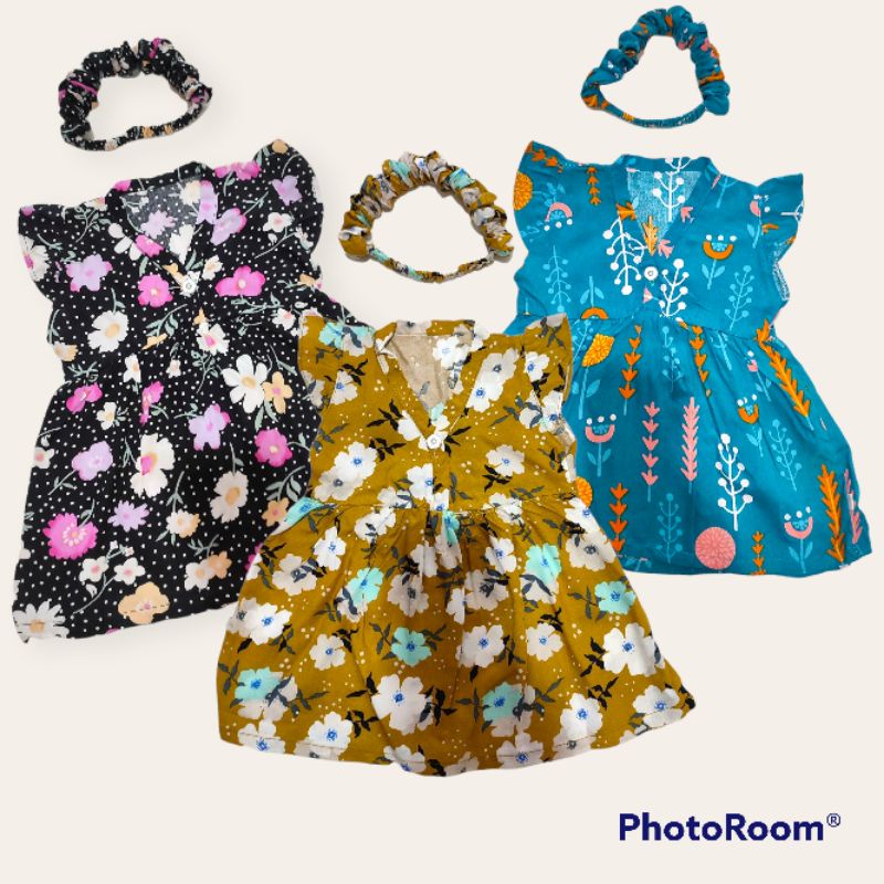 dress bayi rayon fuji bonus headband scrunchie  0-12 bulan