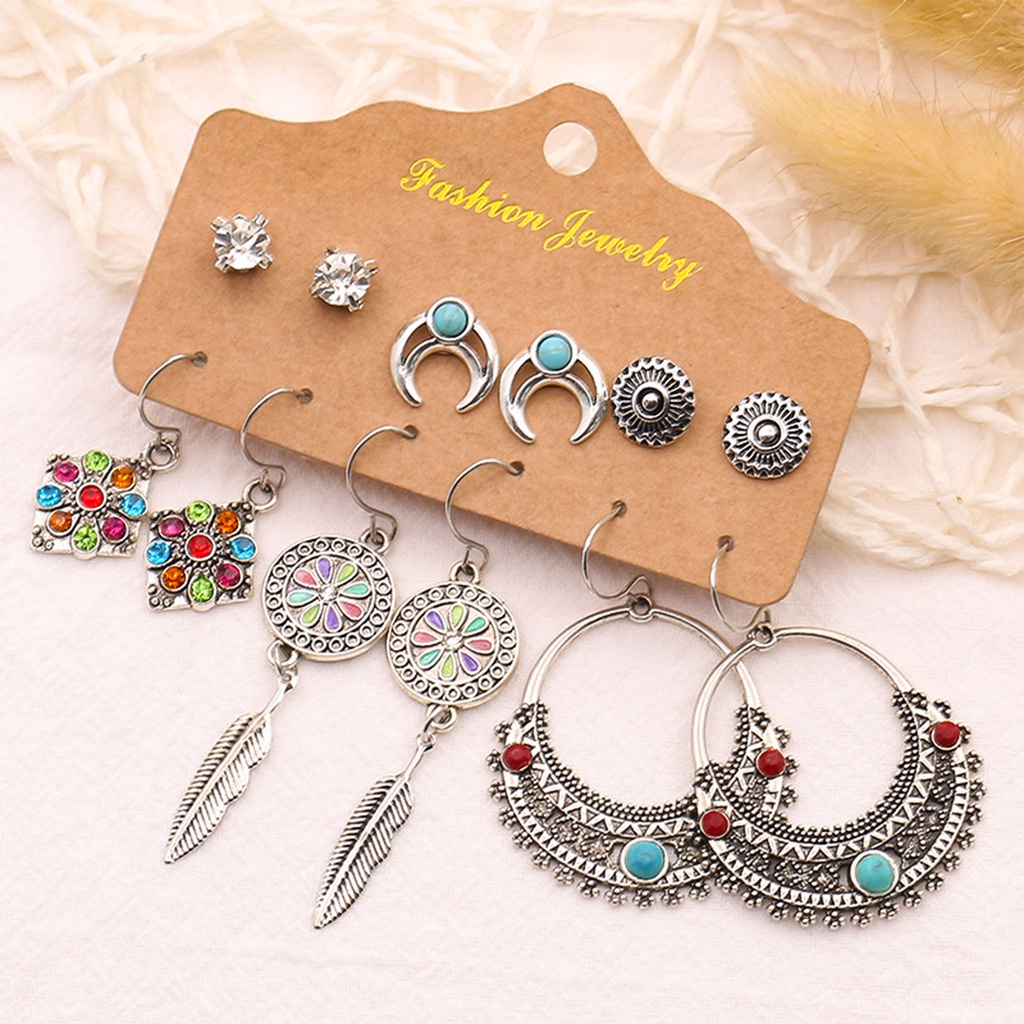 Hu Hu Hu Hu Hu Alat Bantu Pasang Kacamata♡ 6 Pasang Anting Tusuk Gantung Desain Daun Hollow Bahan Alloy Gaya Etnik Untuk Wanita