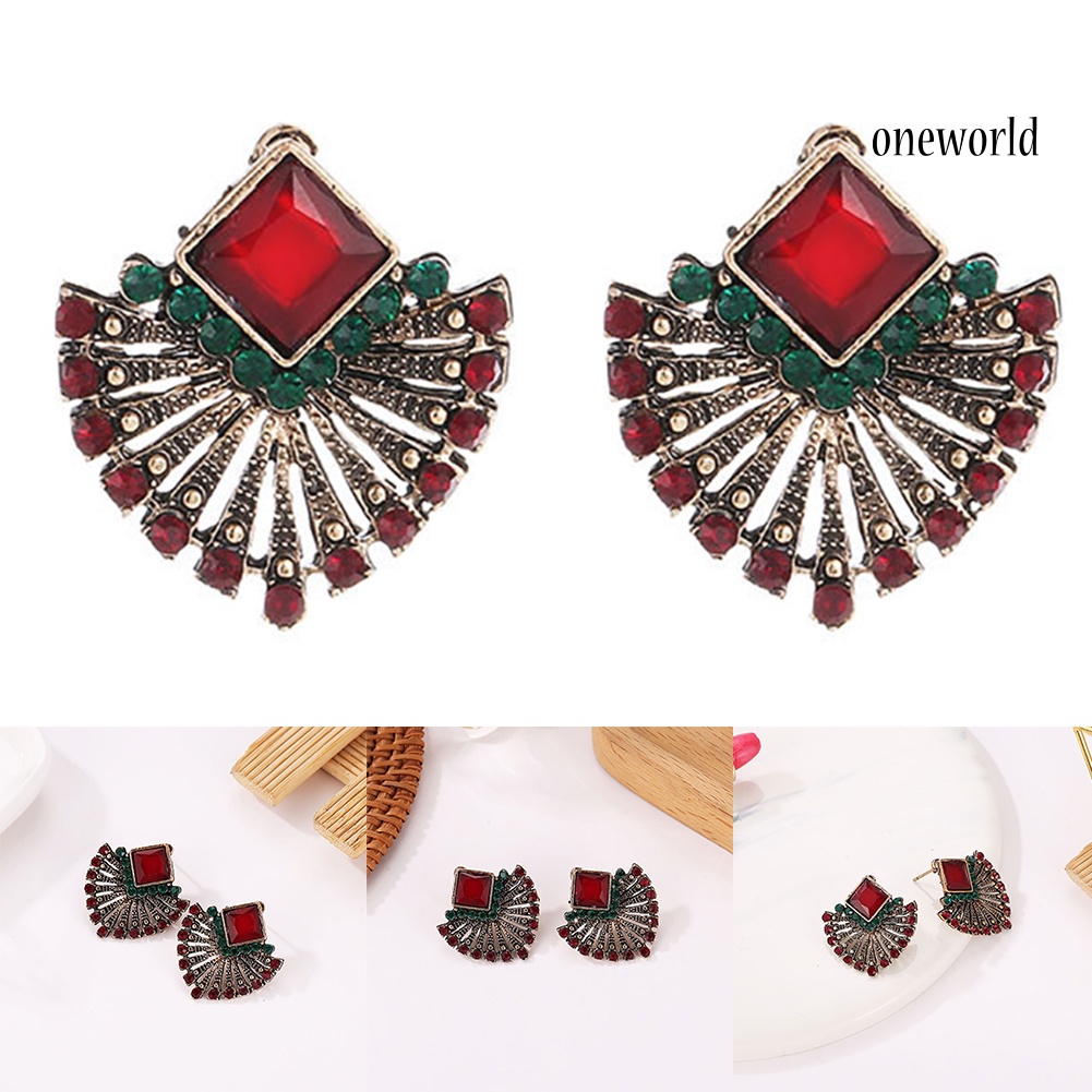 OW@ Women Vintage Ethnic Style Rhinestone Earrings Fan-Shaped Bohemian Ear Stud Gift