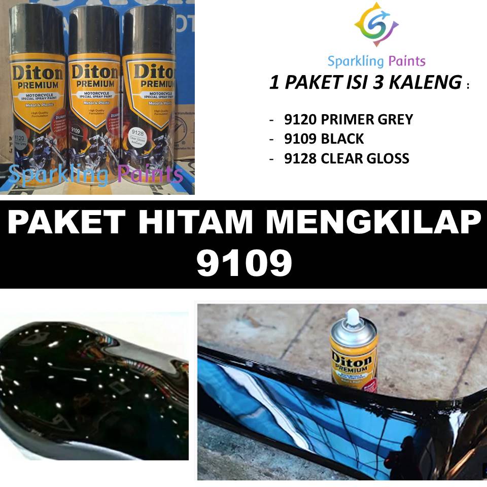 PAKET Diton Premium Black 9109 Hitam Mengkilap + Primer grey 9120 + Clear 9128 Cat Pilox Pilok Gloss