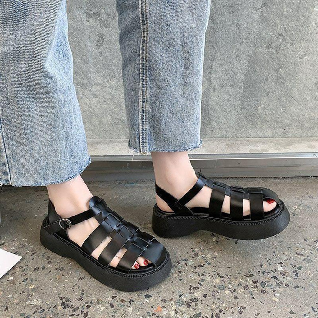 Sandal Tali Wanita Wedges Kekinian Sepatu Sandal Wanita Korean Style Strap Terbaru Full Hitam