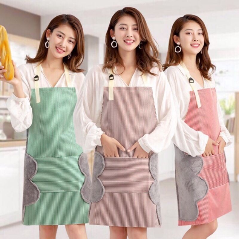 Celemek Apron Tahan Percikan Air Motif Garis Aksen Handuk Awan