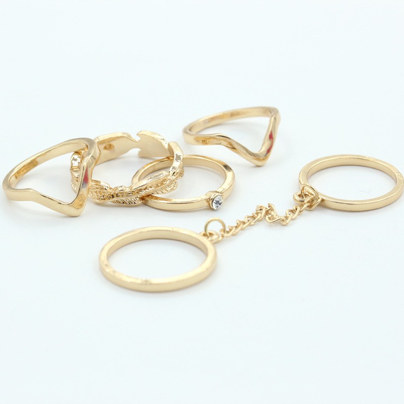 6pcs / Set Cincin Emas Perak Mode Mode Cincin Set Individu Dengan Daun Berlian V-Fingered Joint