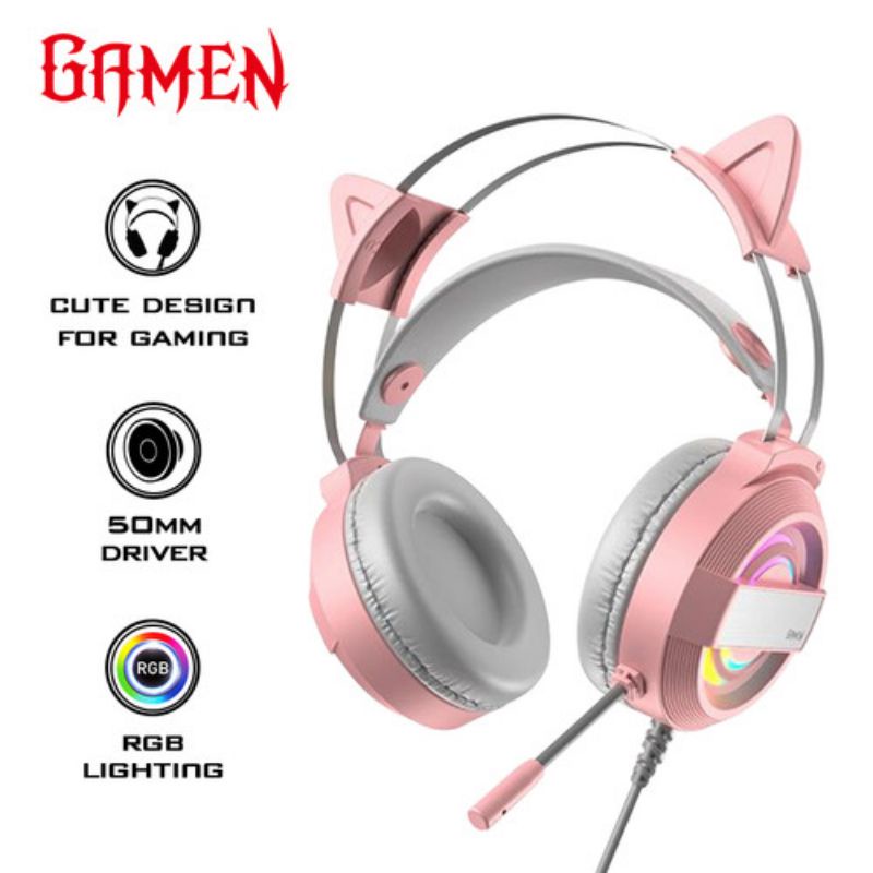 Earphone Headphone Gaming GAMEN GH1100 Pink Gaming Cat Ear RGB Lighting Cute Design